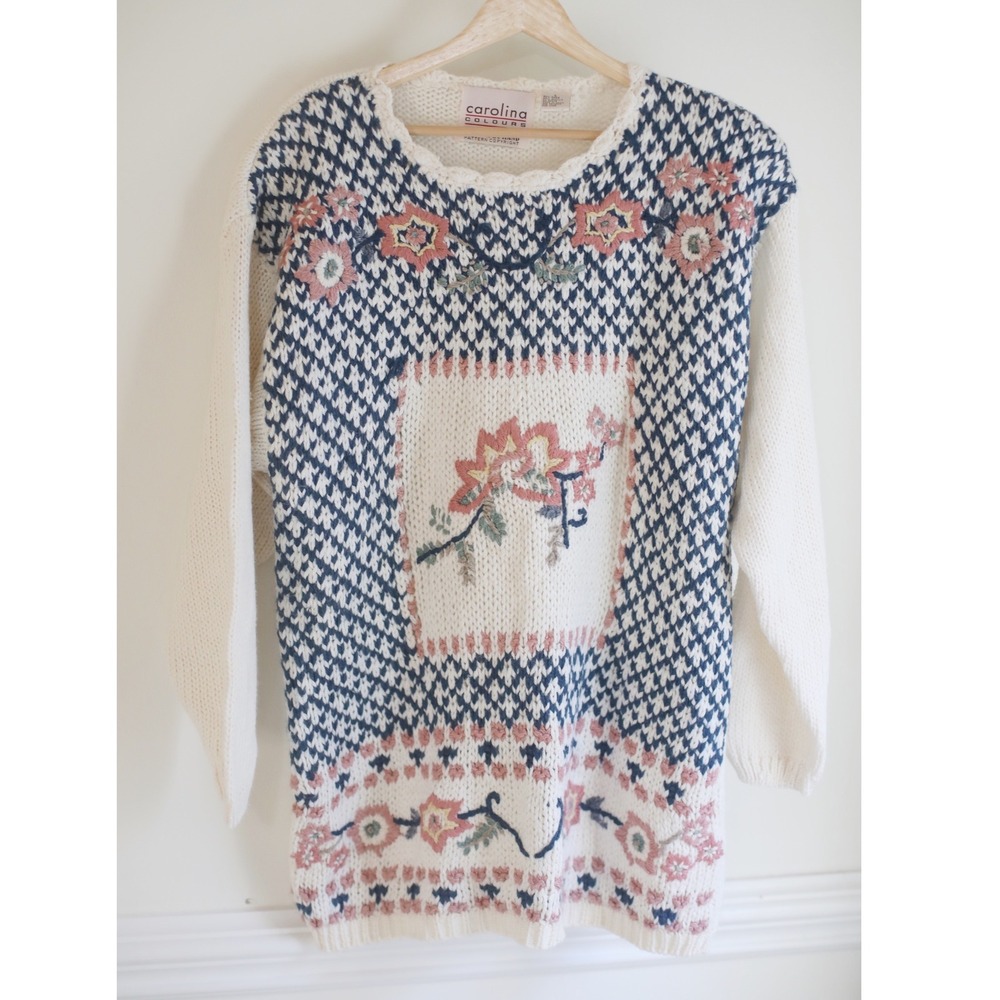 Carolina Colours Hand Knitted Floral Sweater Pink Navy White Ramie Blend Large
